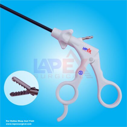 Disposable Alligator Grasper with serrated jaws and ergonomic handle for laparoscopic surgery