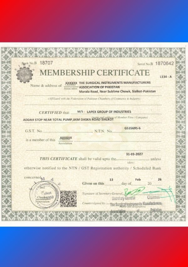 LGI-SIMAP-2026-2027 Image shows the Membership Certificate of The Surgical Instruments Manufacturer Association of Pakistan