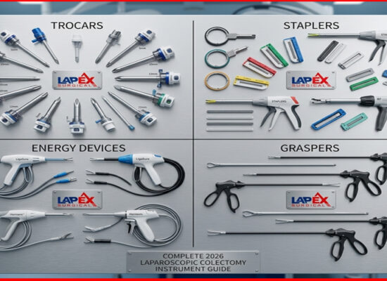 essential laparoscopic colectomy instruments, trocars, staplers, energy devices, and graspers