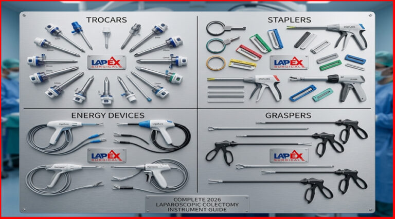 essential laparoscopic colectomy instruments, trocars, staplers, energy devices, and graspers