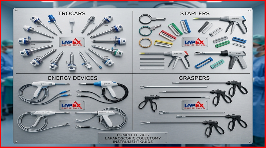 essential laparoscopic colectomy instruments, trocars, staplers, energy devices, and graspers